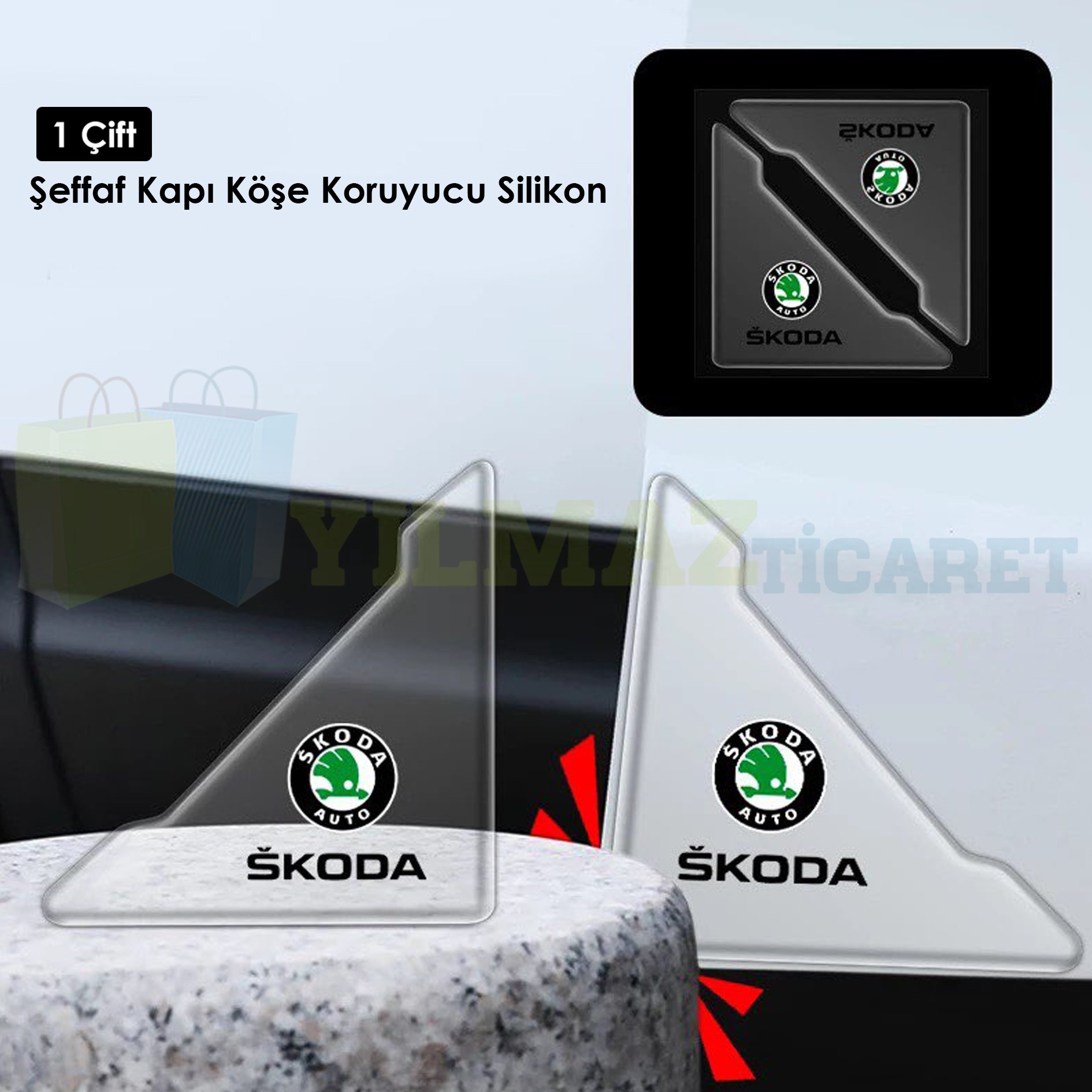 Skoda Logo Kapı Kenar Köşe Koruyucu Çarpma Çizilme Önleyici Silikon Şeffaf Damla Etiket 1 Çift