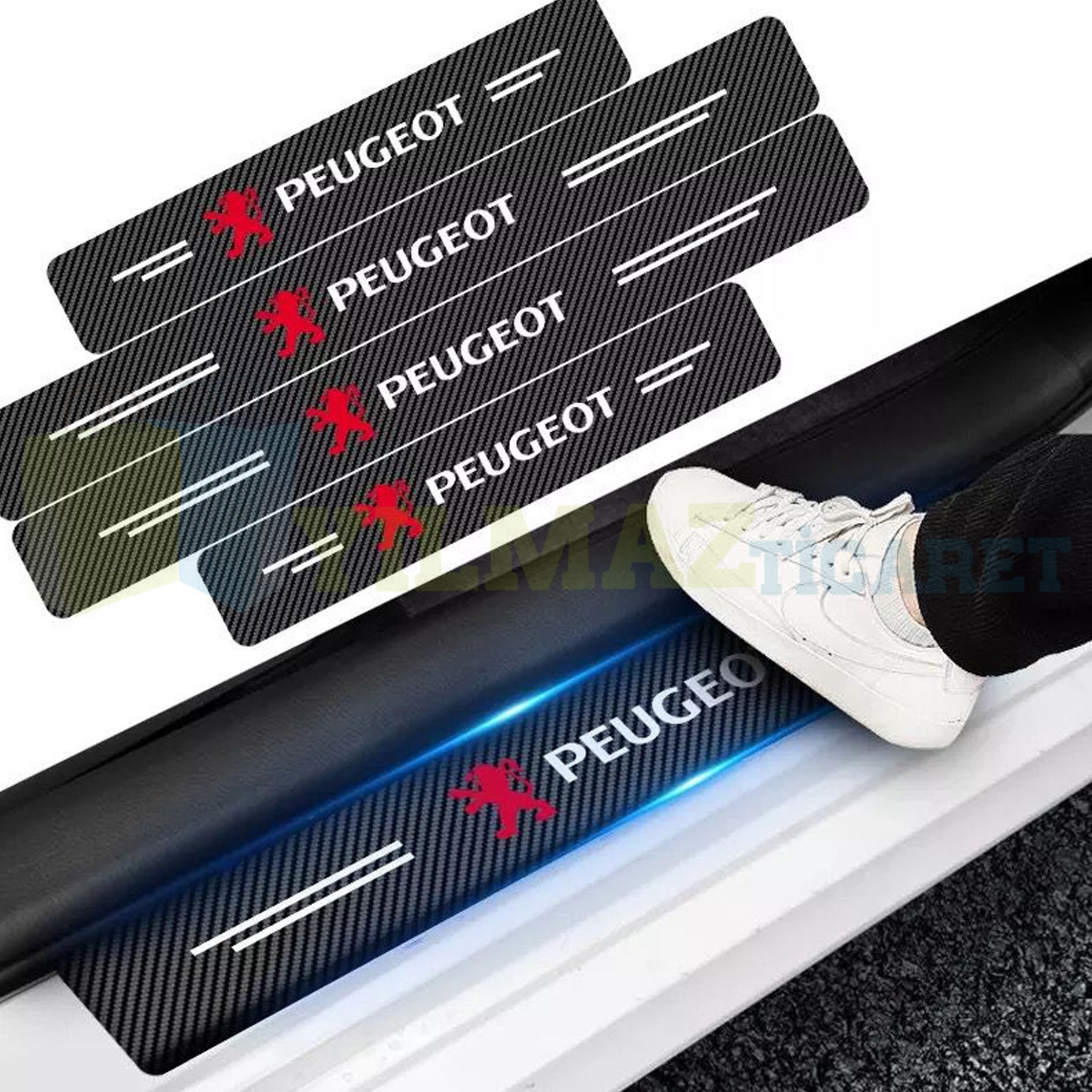 Peugeot Logo Karbon Kapı Eşiği Oto Sticker Etiket Yapıştırma Çıkartma 4 Parça