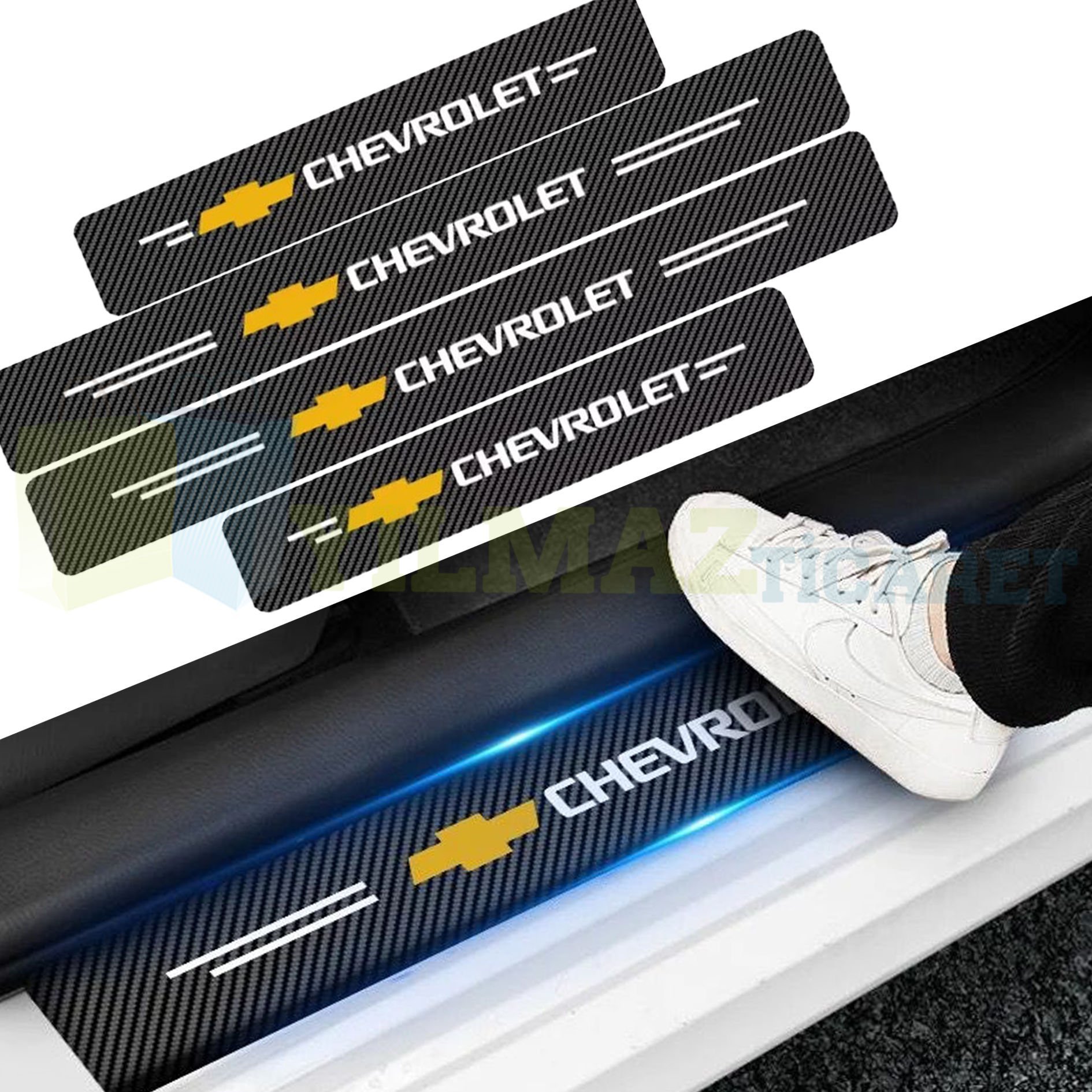 Chevrolet Logo Karbon Kapı Eşiği Oto Sticker Etiket Yapıştırma Çıkartma 4 Parça