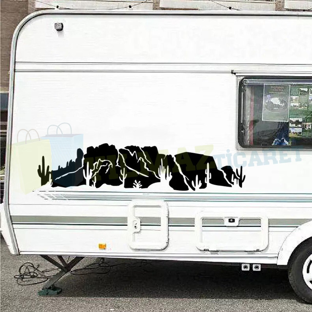 Kaktüs Orman Dağ Karavan Çekme Oto Sticker Etiket Yapıştırma