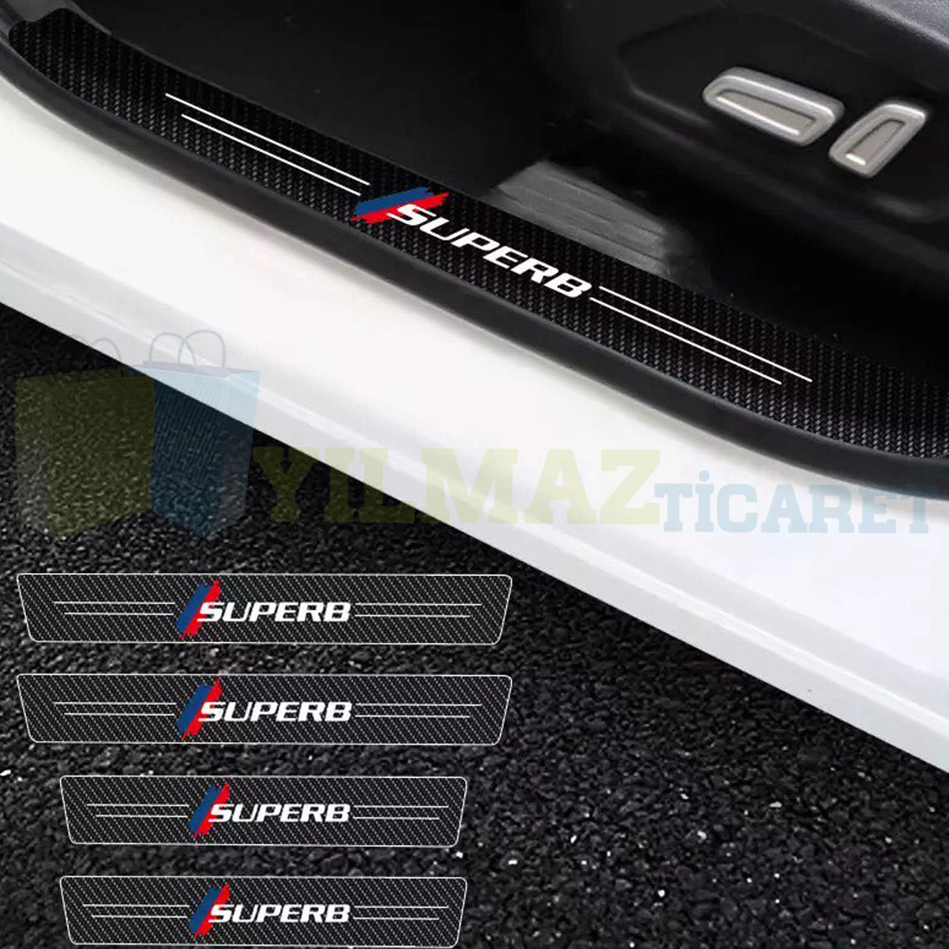 Skoda Superb Karbon Kapı Eşiği Koruma Araba Etiket Oto Sticker Yapıştırma 4 Parça