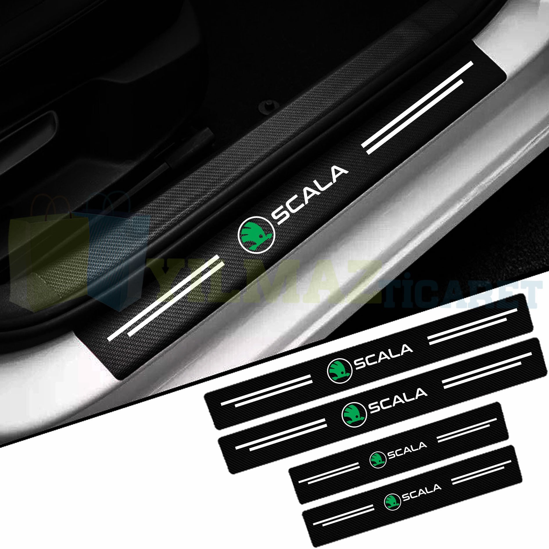 Skoda Scala Logo Karbon Kapı Eşiği Koruma Araba Etiket Oto Sticker Yapıştırma 4 Parça