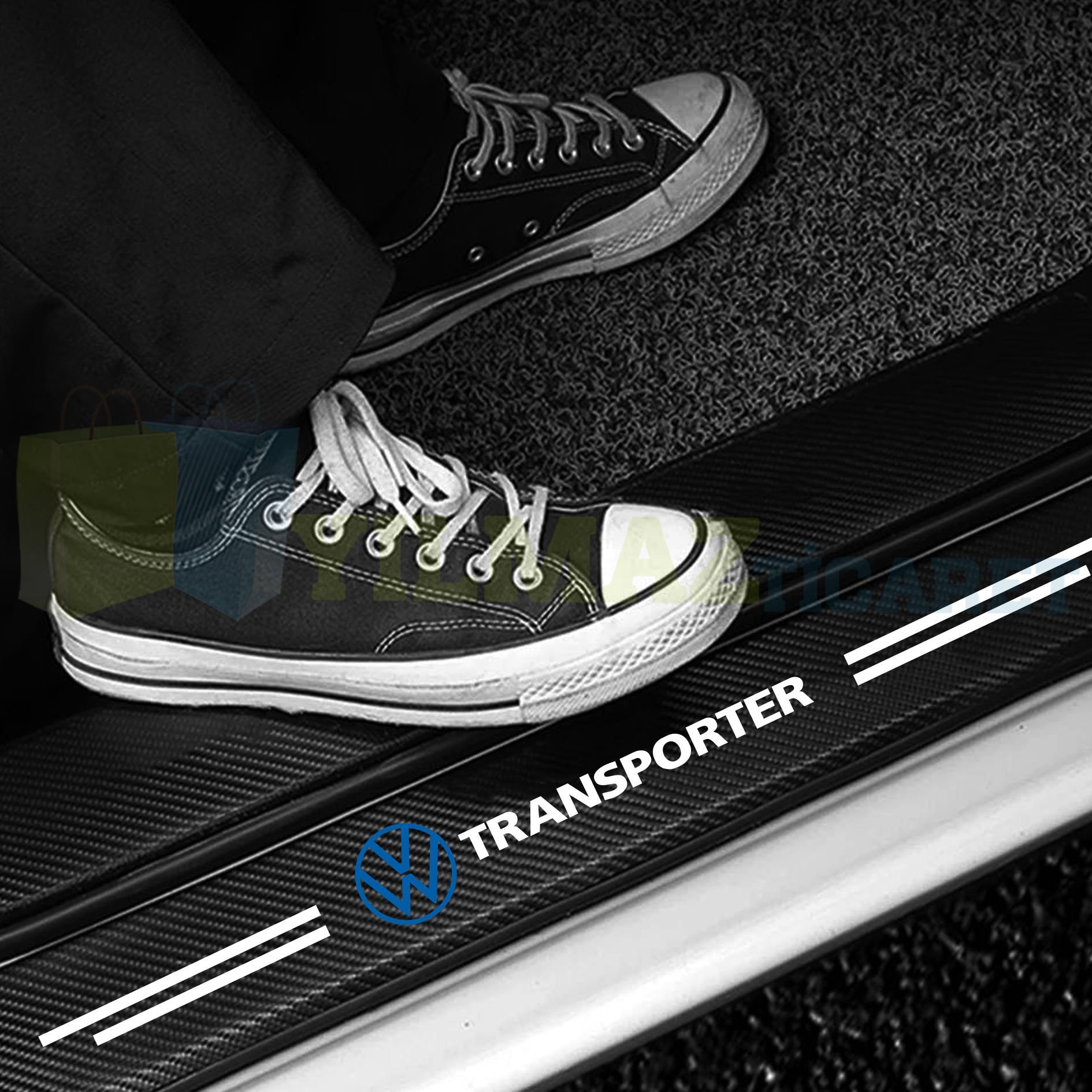 Volkswagen Transporter Logo Karbon Kapı Eşiği Koruma Araba Etiket Oto Sticker Yapıştırma 4 Parça