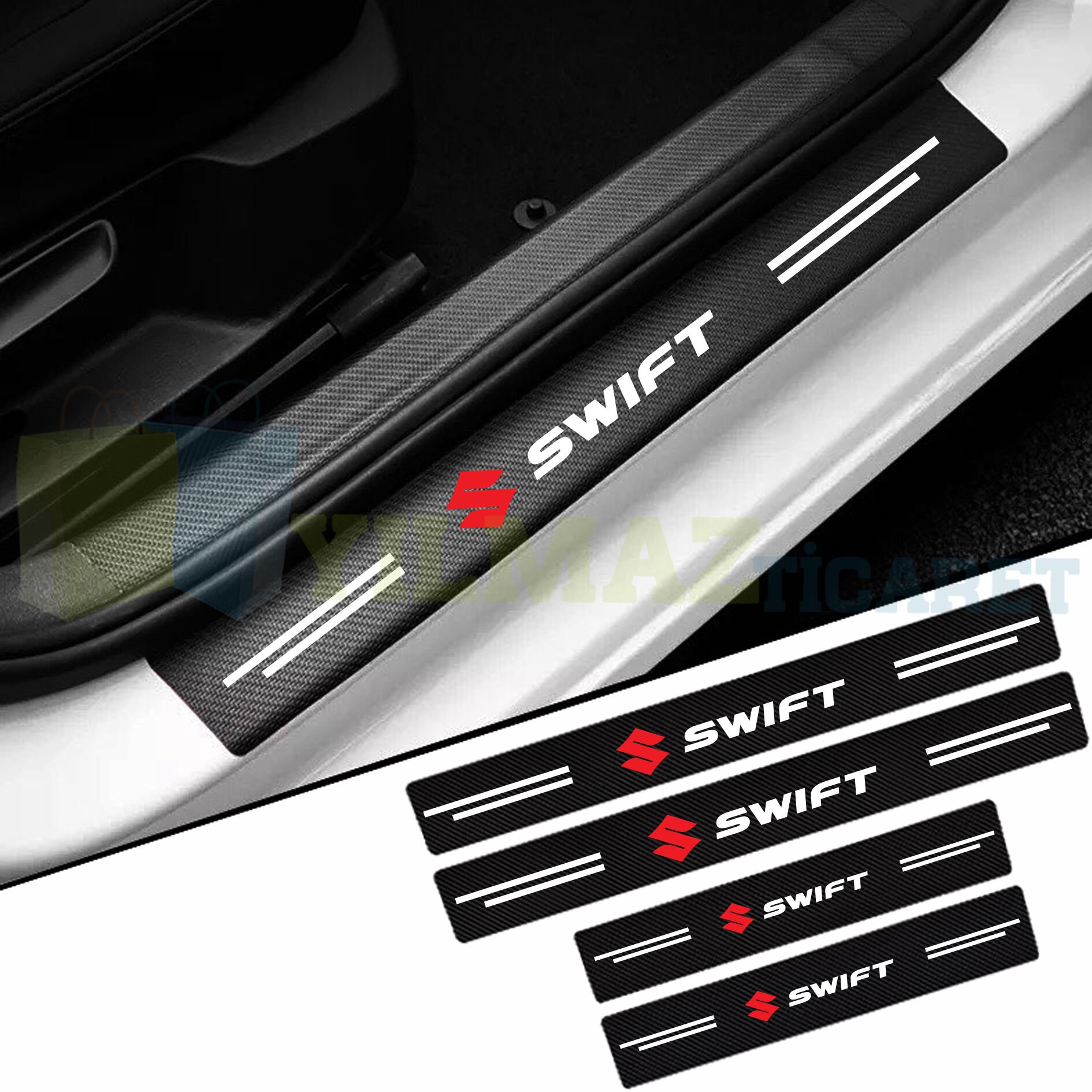 Suzuki Swift Logo Karbon Kapı Eşiği Koruma Araba Etiket Oto Sticker Yapıştırma 4 Parça
