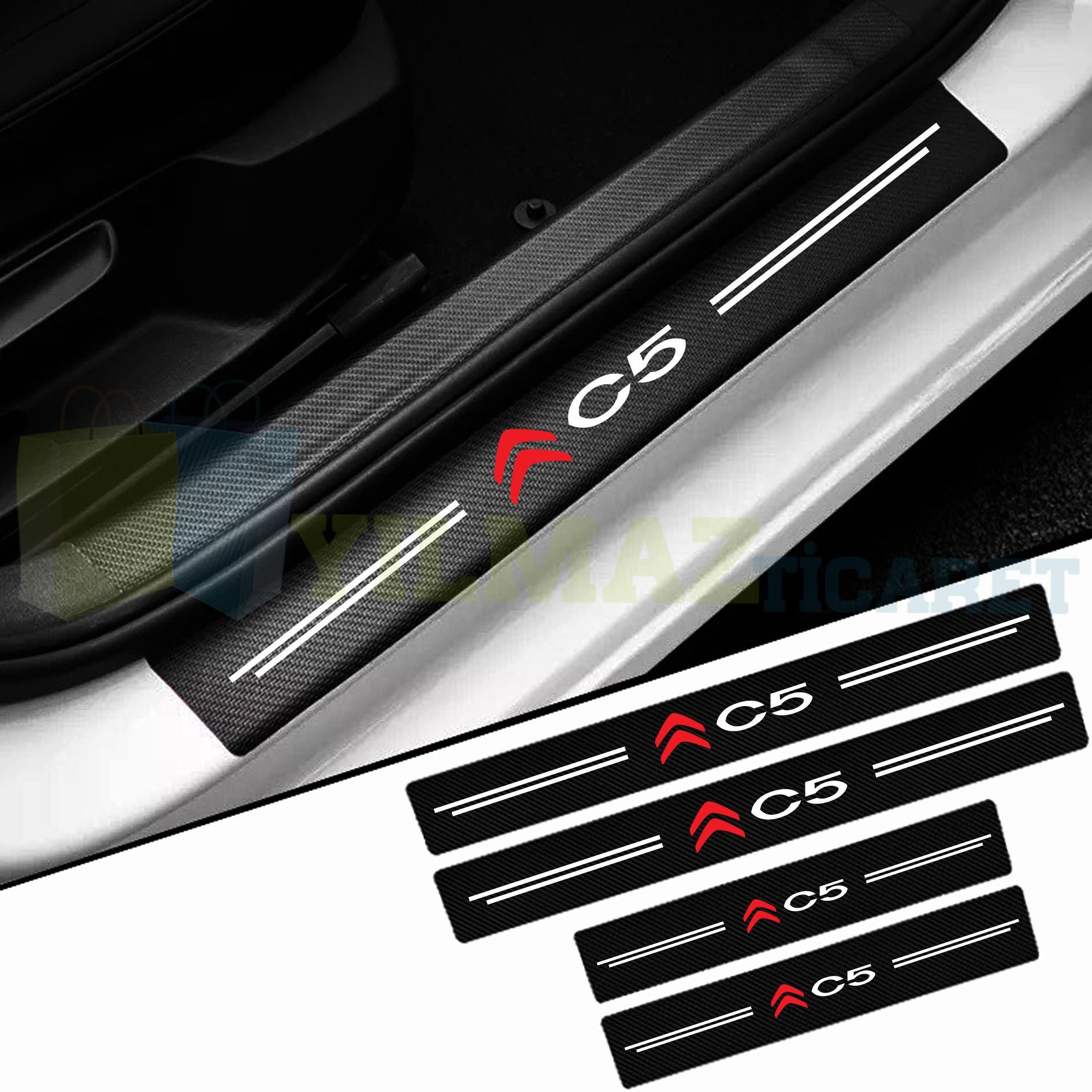 Citroen Logo C5 Karbon Kapı Eşiği Koruma Araba Etiket Oto Sticker Yapıştırma 4 Parça