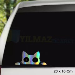 Saklanan Kedi Hologram Araba Oto Sticker Yapıştırma Çıkartma Modifiye Etiket 20 X 10 Cm