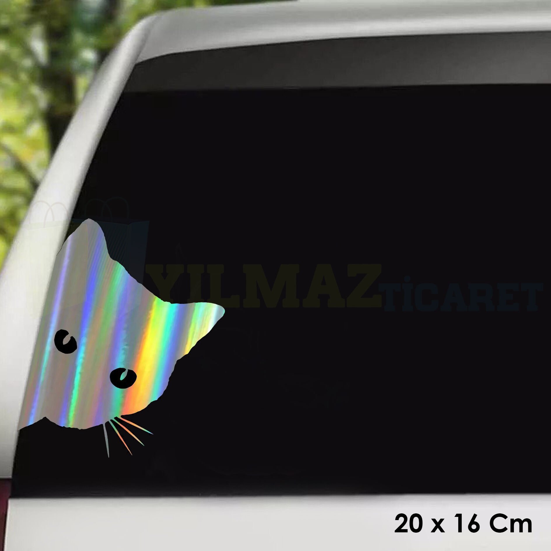 Kenardan Bakan Kedi Hologram Oto Sticker Etiket Çıkartma Aksesuar Yapıştırma Modifiye 20 X 16 Cm
