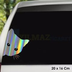 Kenardan Bakan Kedi Hologram Oto Sticker Etiket Çıkartma Aksesuar Yapıştırma Modifiye 20 X 16 Cm