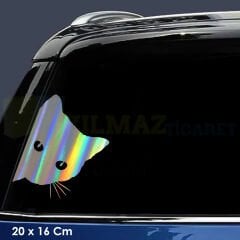 Kenardan Bakan Kedi Hologram Oto Sticker Etiket Çıkartma Aksesuar Yapıştırma Modifiye 20 X 16 Cm