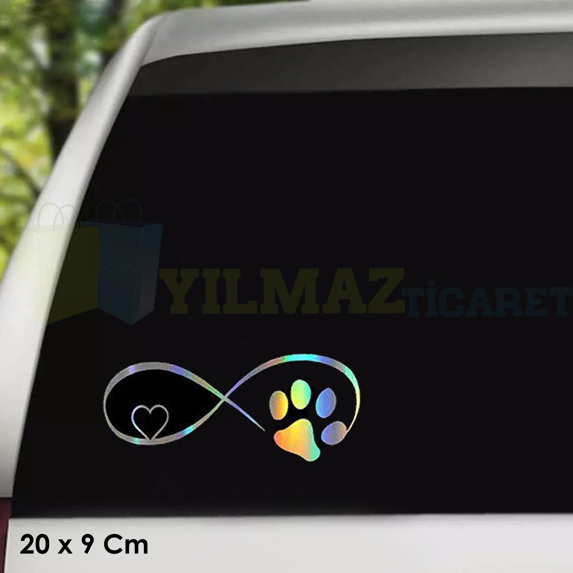 Kedi Köpek Pati İzi Kalp Renkli Hologram Oto Sticker Etiket Araba Yapıştırma Çıkartma 20 x 9 Cm