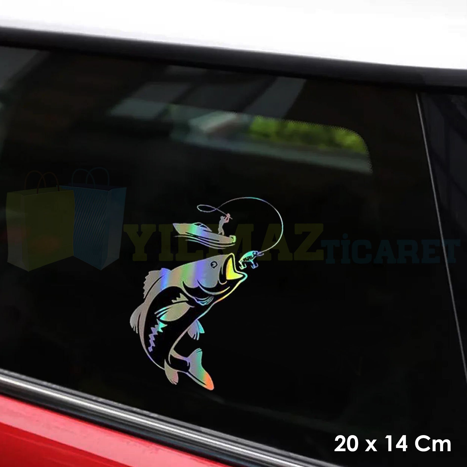 Balıklı Balık Avlayan Adam Renkli Hologram Araba Oto Sticker Etiket Çıkartma Yapıştırma 20 x 14 Cm