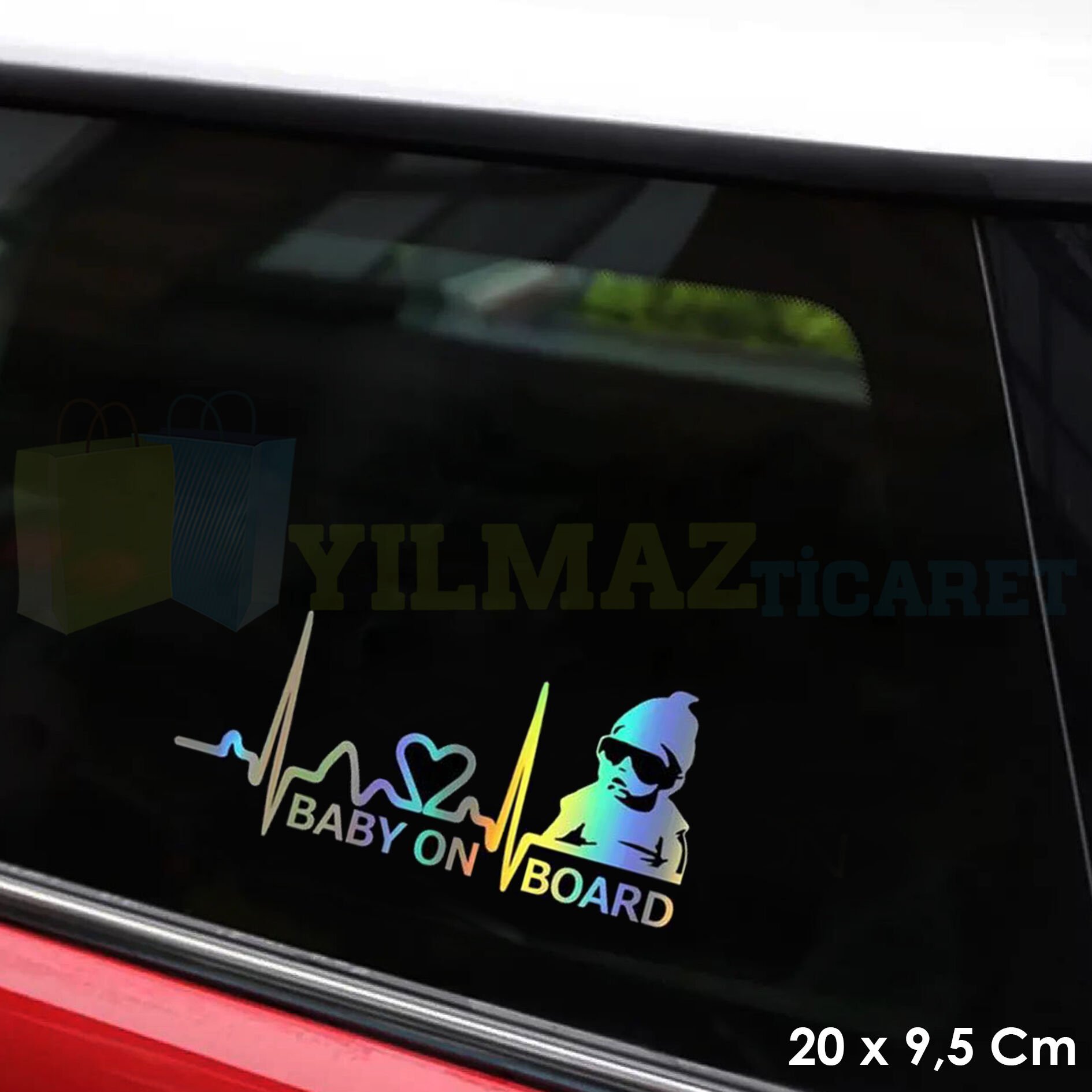 Arabada Bebek Var Kalp Ritim Renkli Hologram Cam Oto Sticker Etiket Çıkartma Yapıştırma 20 x 9,5 Cm