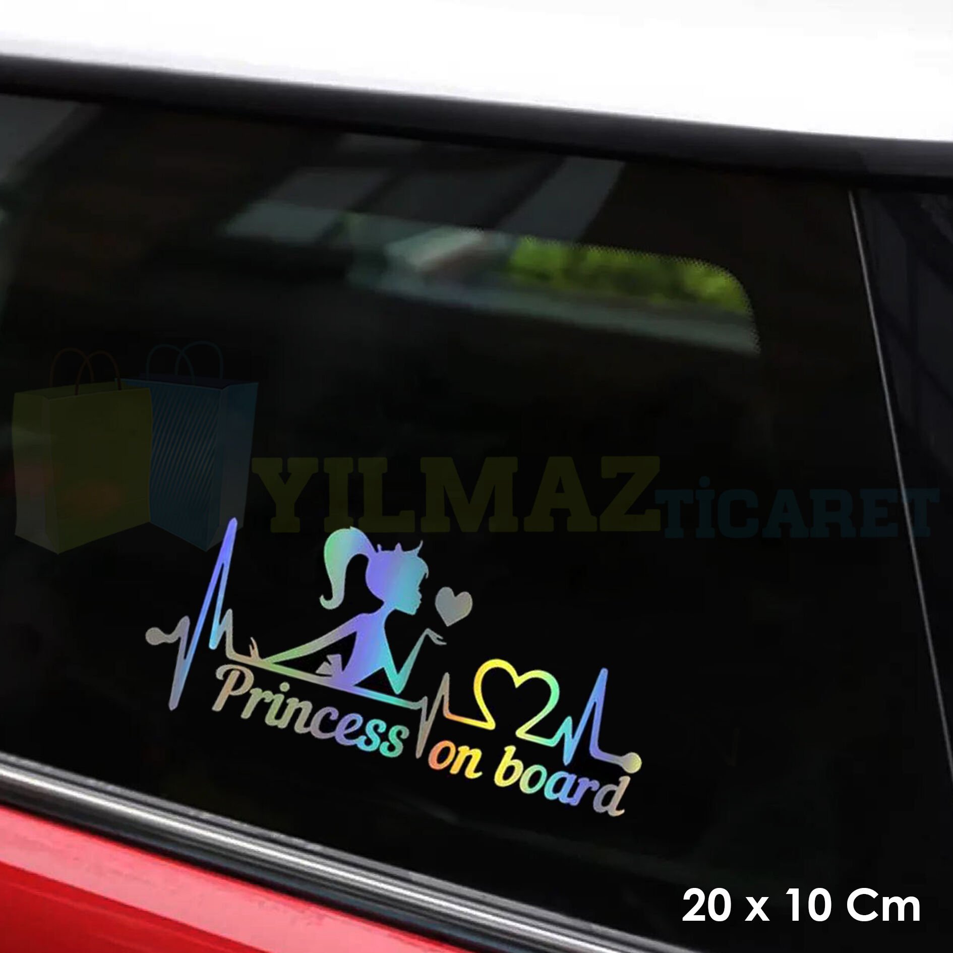 Arabada Prenses Var Kalp Ritim Renkli Hologram Oto Araba Sticker Yapıştırma Etiket 20 x 10 Cm