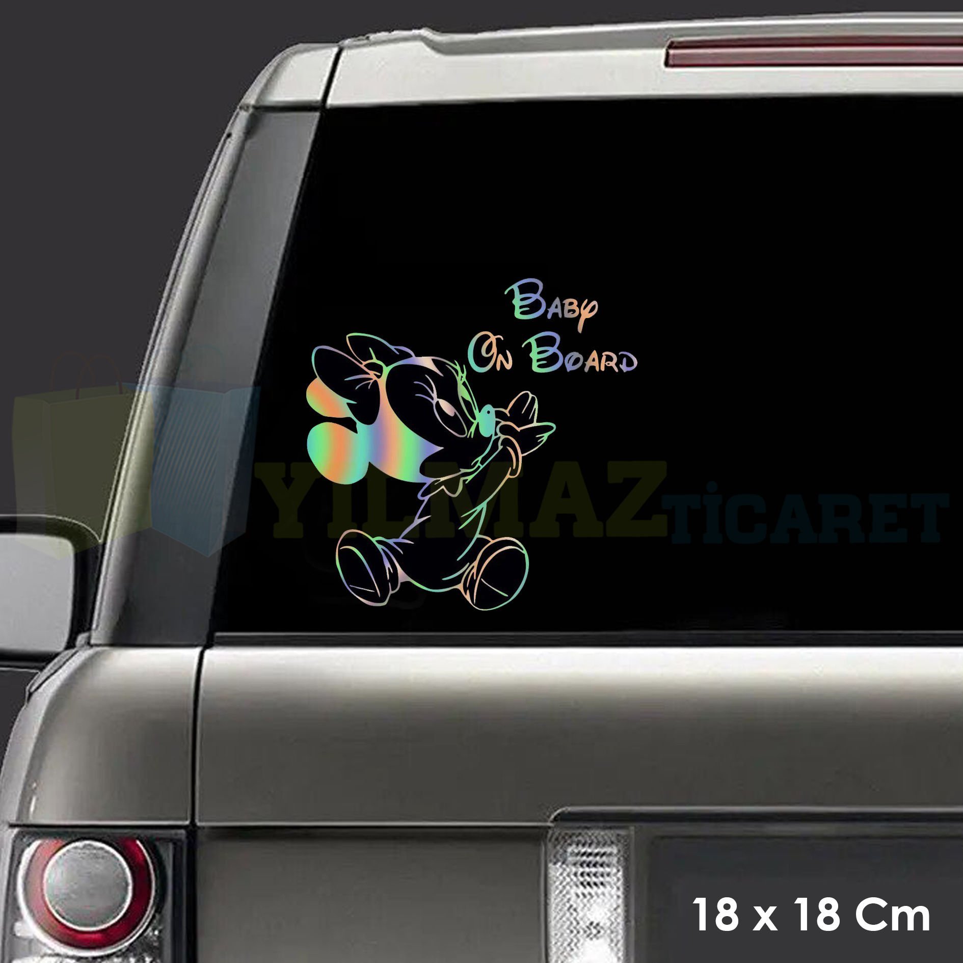 Miny Mouse Arabada Bebek Var Baby On Board Hologram Oto Sticker Etiket Yapıştırma Araba 18 x 18 Cm