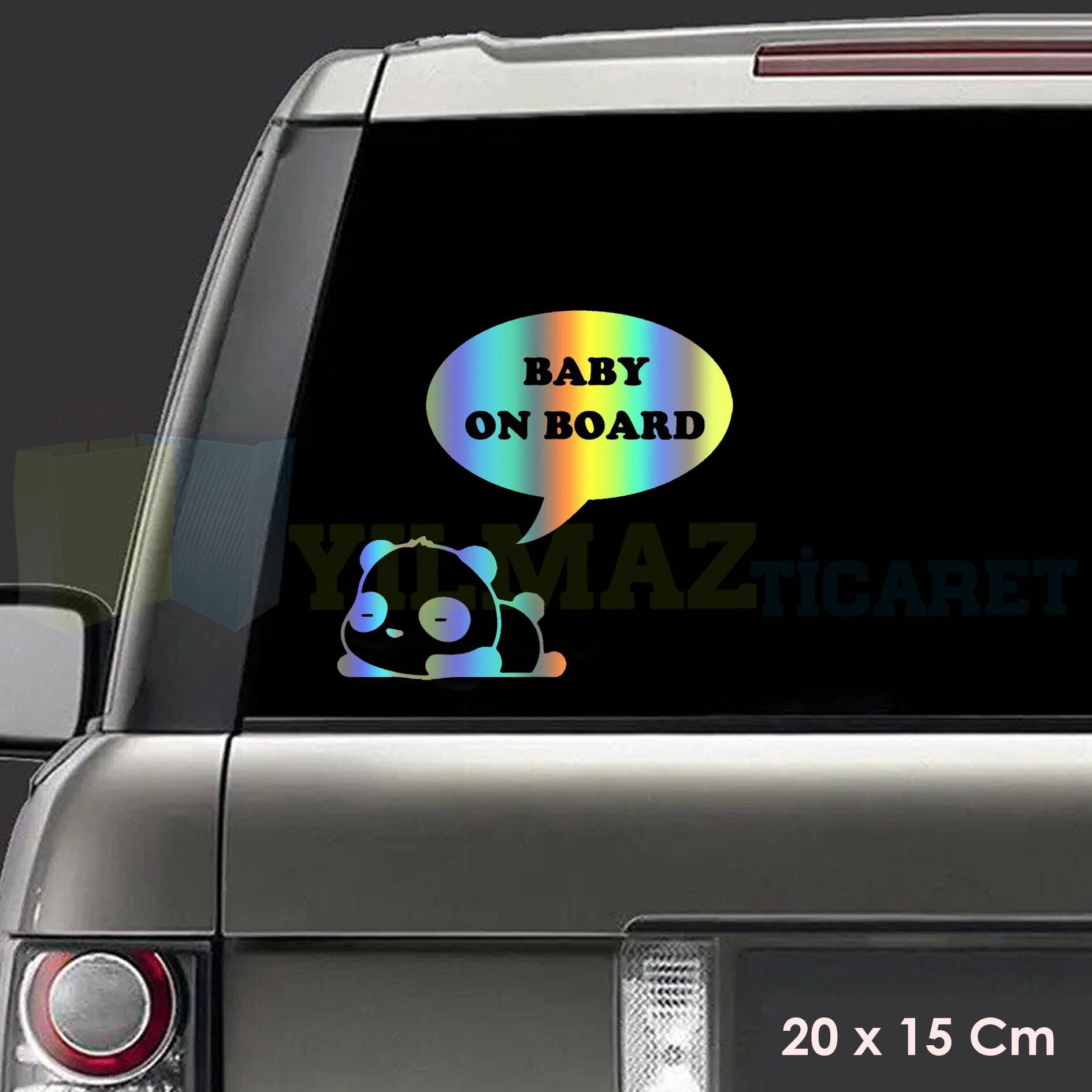 Sevimli Panda Arabada Bebek Var Baby On Boar Hologram Oto Sticker  Cam Etiket Çıkartma 20 x 15 Cm