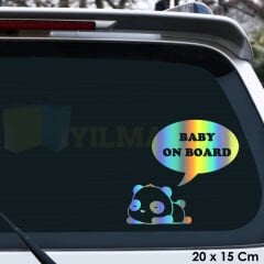 Sevimli Panda Arabada Bebek Var Baby On Boar Hologram Oto Sticker  Cam Etiket Çıkartma 20 x 15 Cm