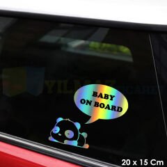 Sevimli Panda Arabada Bebek Var Baby On Boar Hologram Oto Sticker  Cam Etiket Çıkartma 20 x 15 Cm