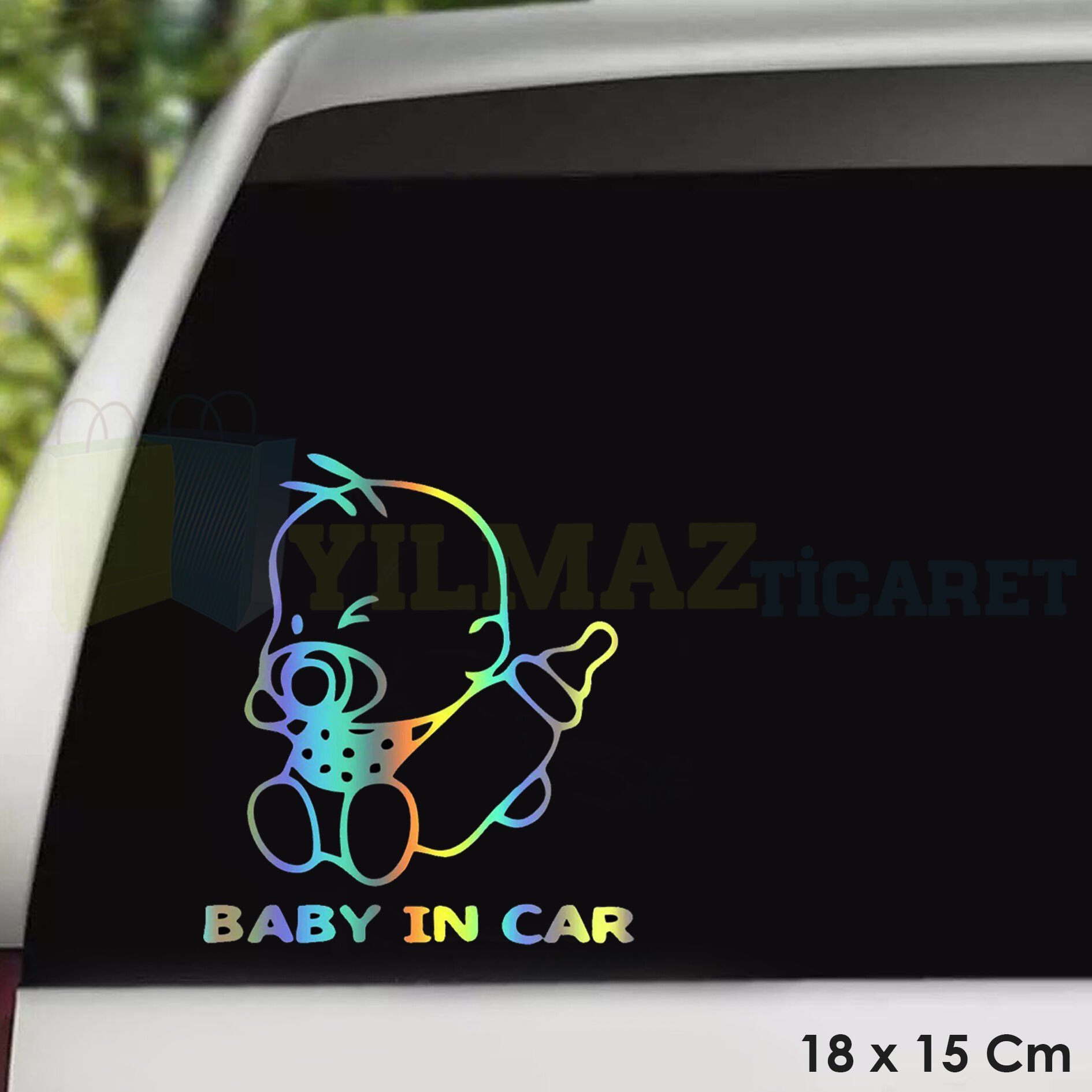 Biberonlu Arabada Bebek Var Baby On Board Hologram Oto Sticker Yapıştırma Çıkartma Etiket 18 x 15 Cm