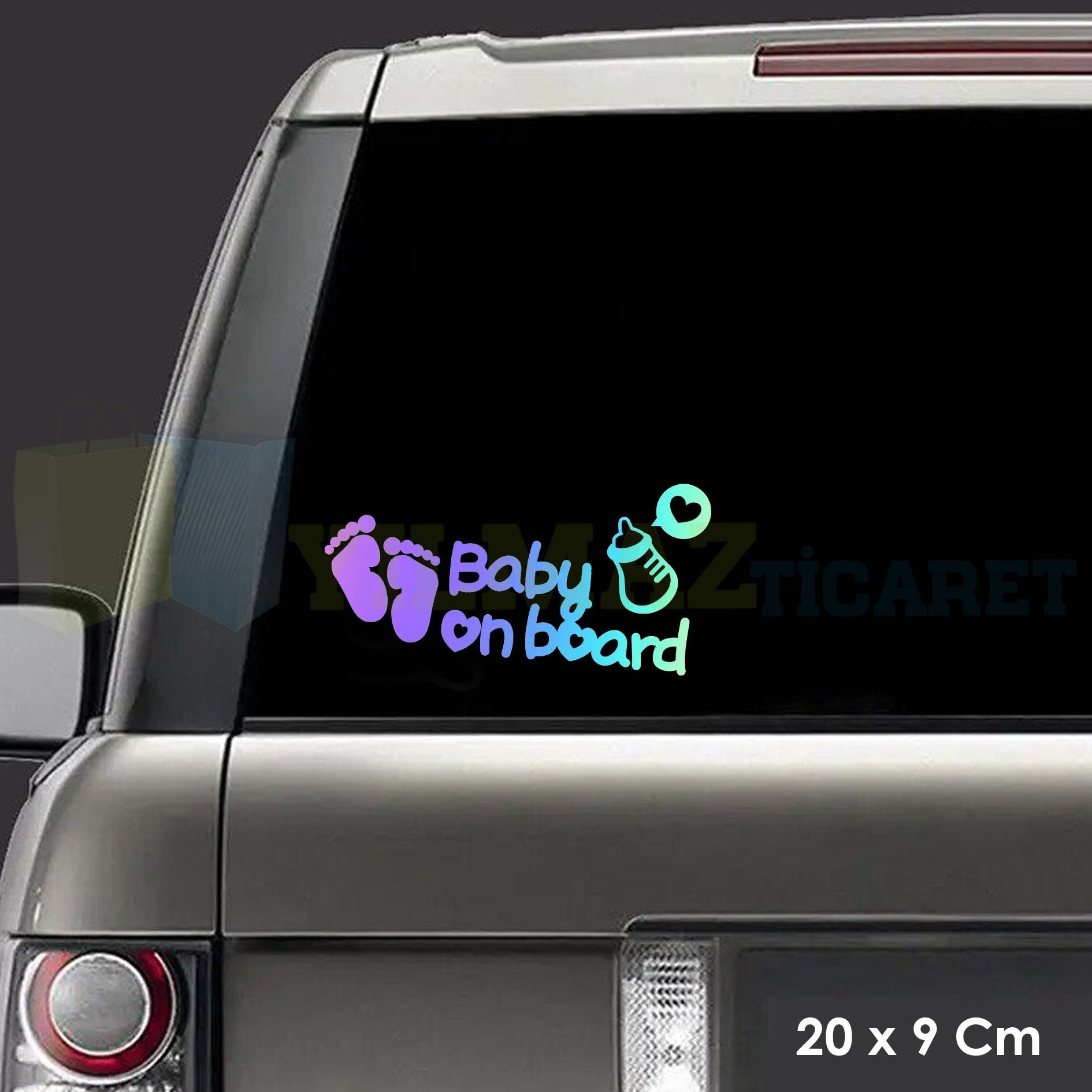 Bebek Ayak İzi Biberon Arabada Bebek Var Hologram Oto Sticker Etiket Çıkartma Yapıştırma 20 x 9 Cm