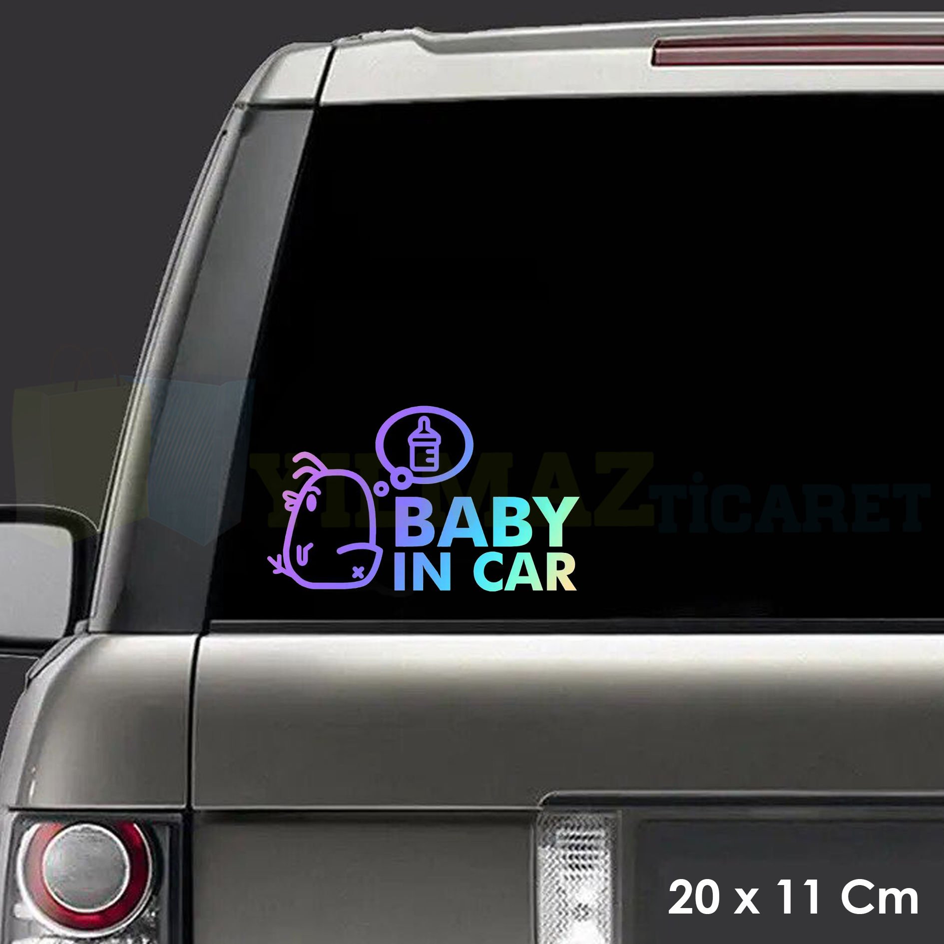 Biberonlu Arabada Bebek Var Hologram Renkli Etiket Oto Sticker Yapıştırma Aksesuar 20 x 11 Cm