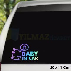 Biberonlu Arabada Bebek Var Hologram Renkli Etiket Oto Sticker Yapıştırma Aksesuar 20 x 11 Cm