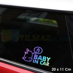 Biberonlu Arabada Bebek Var Hologram Renkli Etiket Oto Sticker Yapıştırma Aksesuar 20 x 11 Cm