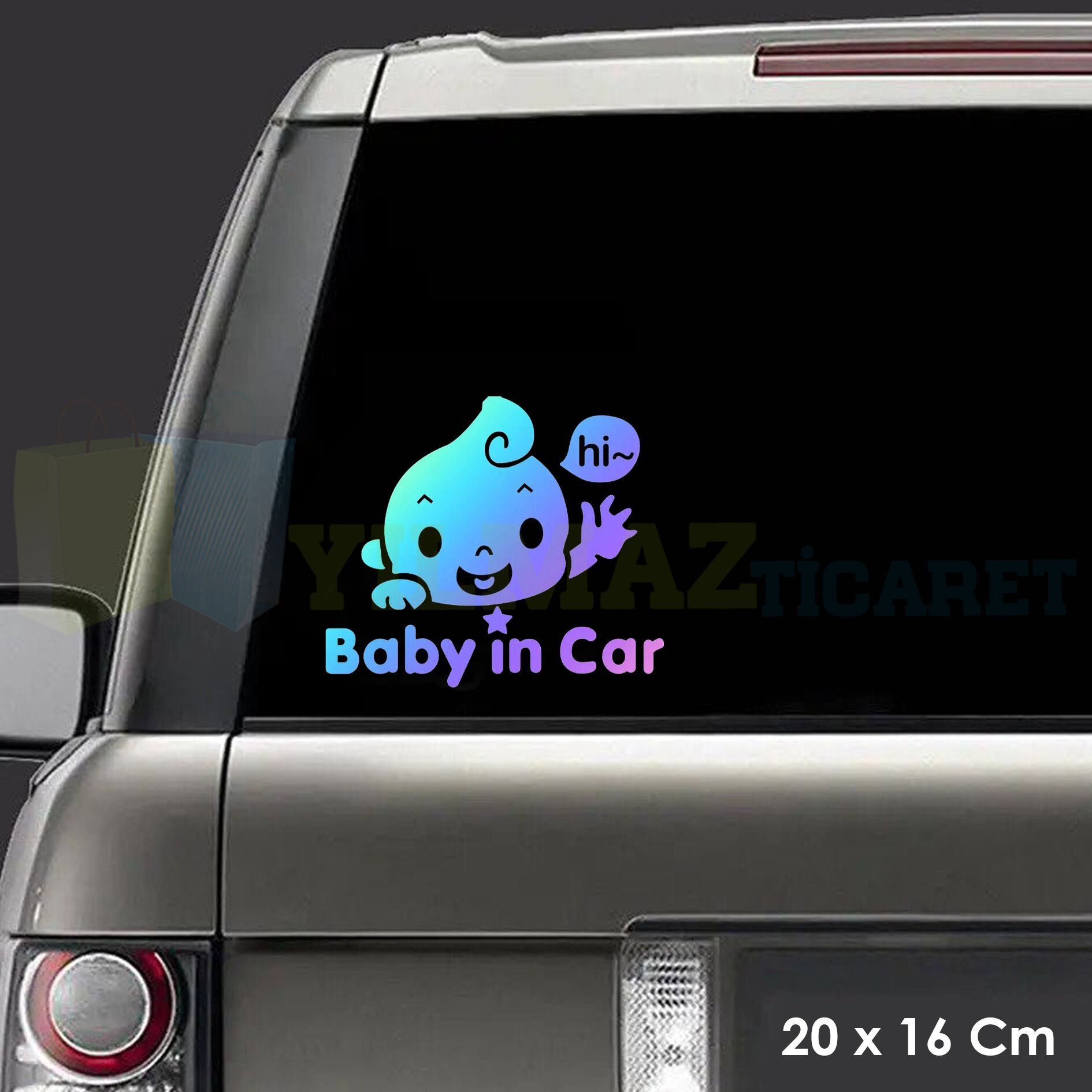 Gülen Bebek Arabada Bebek Var Hologram Oto Araba Sticker Etiket Renkli Aksesuar Çıkartma 20 x 16 Cm