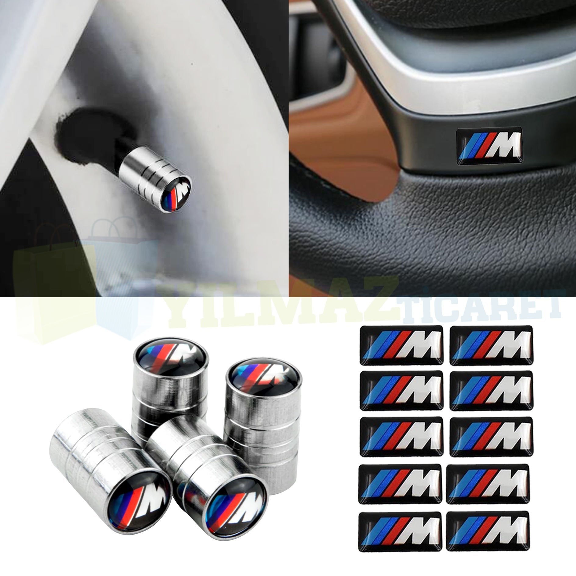 Bmw M Logo Arma Sibop Kapağı Metal Jant Vites Torpido Direksiyon Damla Sticker Etiket 4+10 Adet