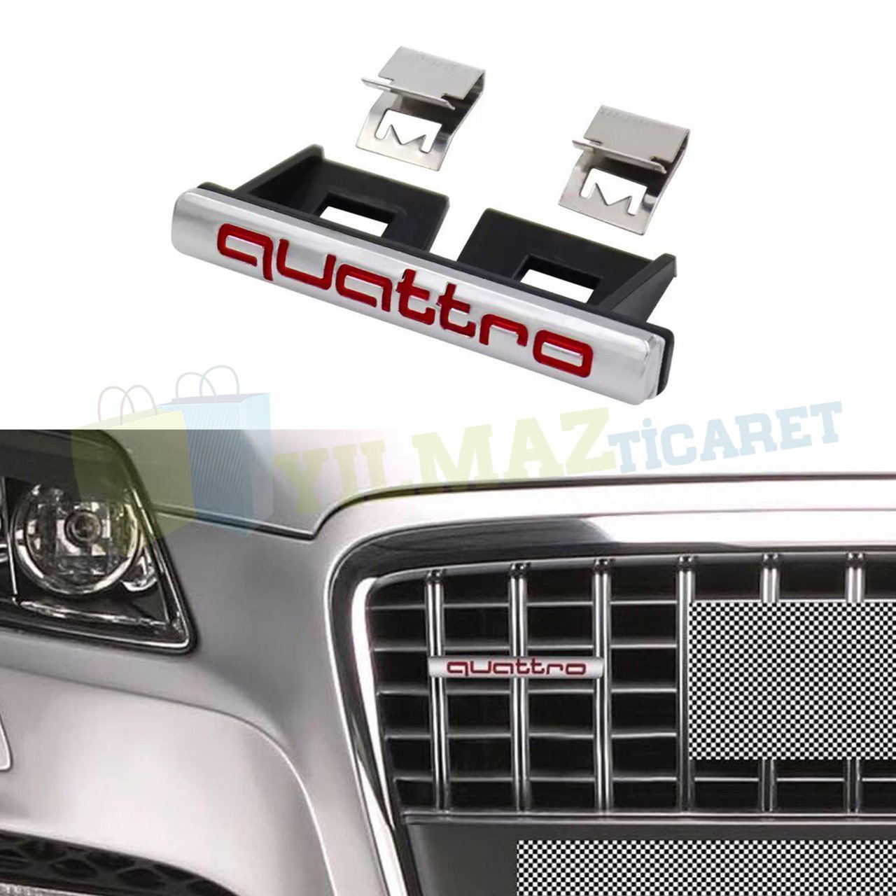 Audi Quattro Logo Ön Panjur Arma Amblem Metal Yüksek Kalite Kırmızı