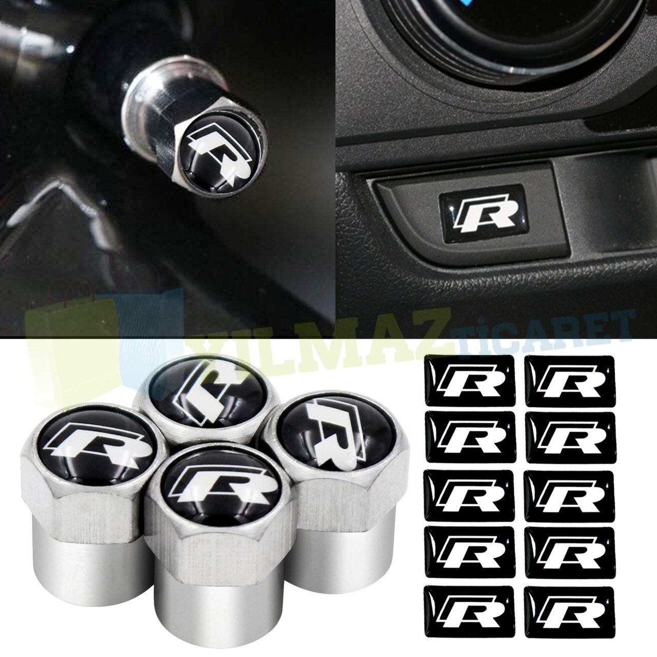 Volkswagen R Logo Sibop Kapağı Metal Jant Vites Torpido Direksiyon R Logo Damla Sticker Etiket 10 Ad