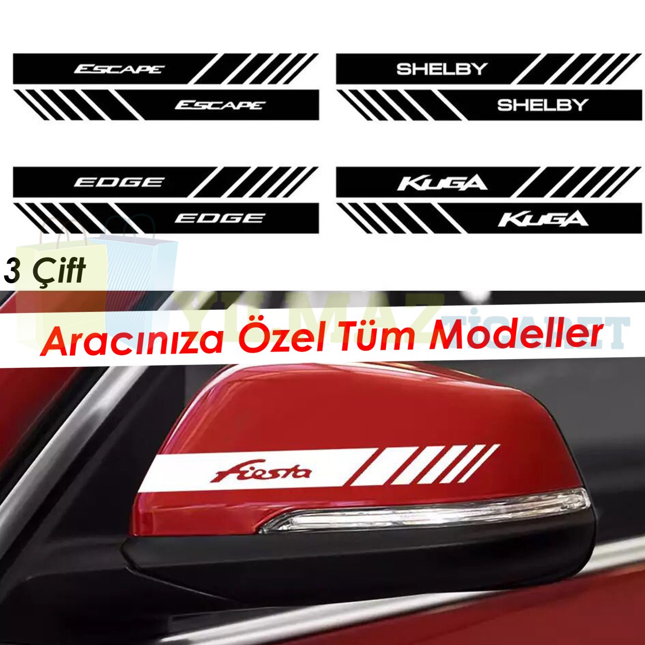 Ford Fiesta Focus Kuga Edge Yan Dikiz Ayna Kapağı Oto Şerit Sticker Araba Yapıştırma 3 Çift 20 x 2 Cm