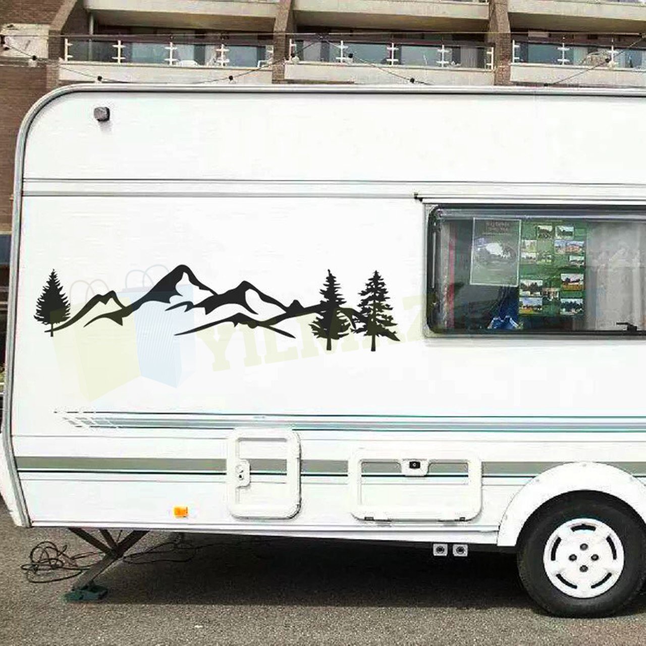 Karavan Çekme Dağ Orman Ağaçlar Oto Sticker Etiket Yapıştırma Çıkartma 1 Çift