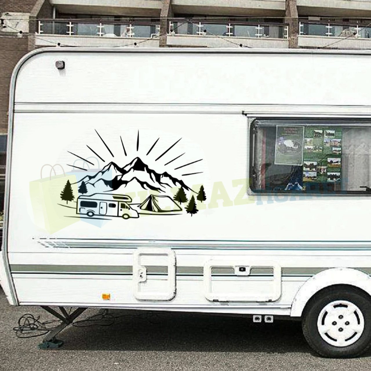 Karavan Çekme Dağ Ağaç Çadır Araba Oto Sticker Çıkartma Etiket